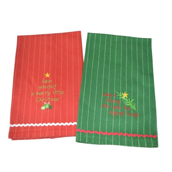 2 Pack Christmas Holiday Hand Tea Towel Set Red Green Striped Country Kitchen - Picture 1 of 2